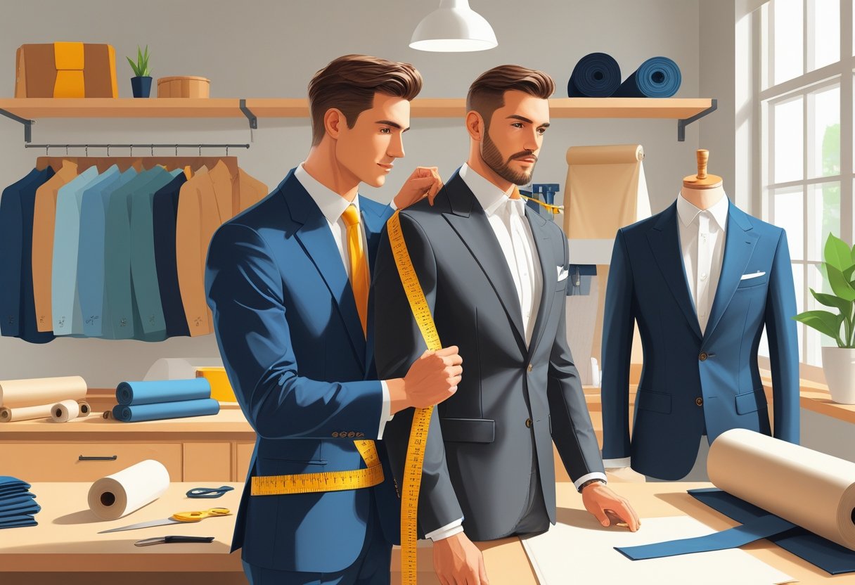 A man being measured by a tailor for a suit fitting in a tailor shop.