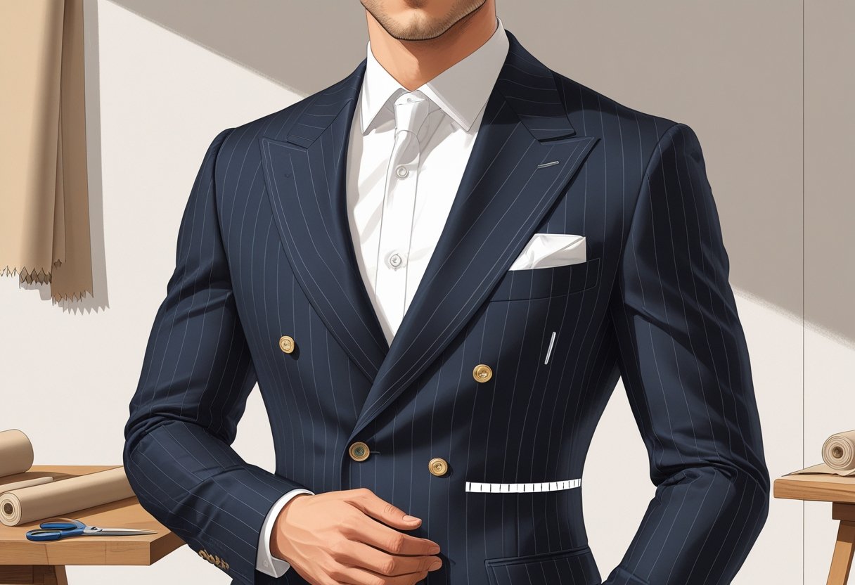 A man wearing a well-fitted suit stands in a tailor's workshop with tailoring tools and fabric rolls around him.