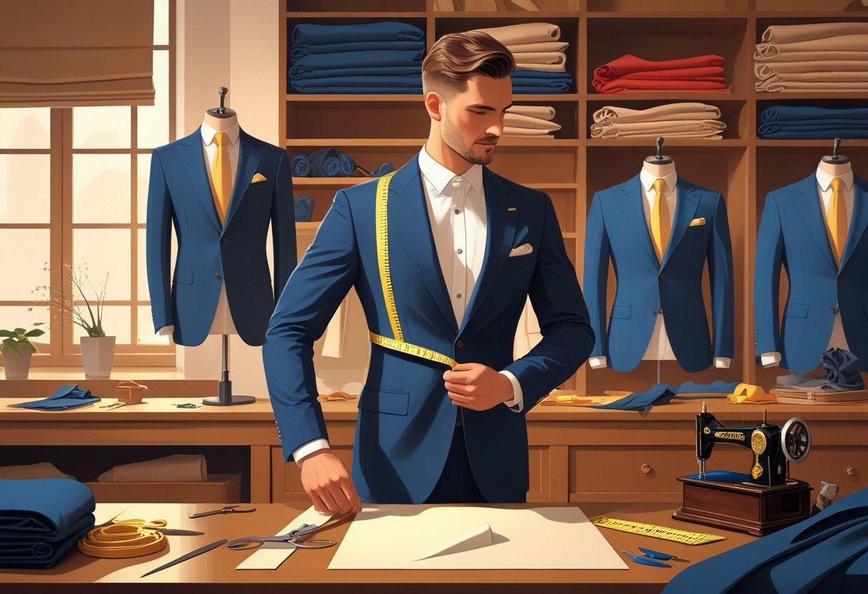 A tailor measuring a man for a custom suit in a workshop filled with fabrics and tailoring tools.