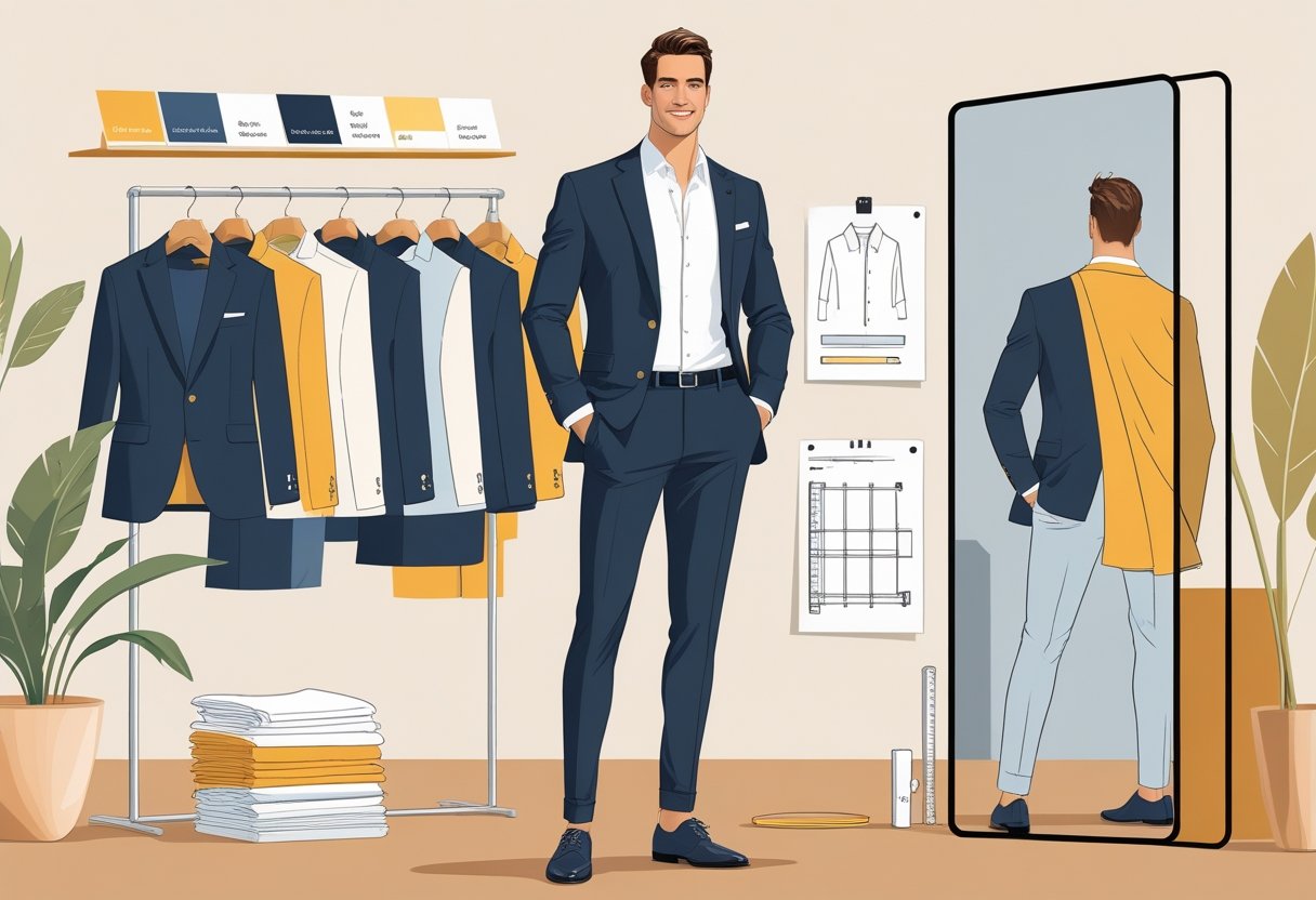 A man stands confidently in front of a wardrobe with classic men's clothing, surrounded by fabric swatches, sketches, and a mirror reflecting his pose.