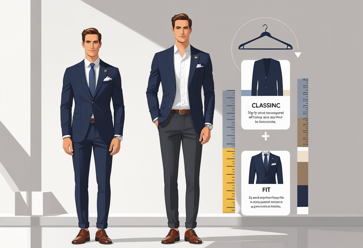 A well-dressed man stands confidently wearing a navy blazer, white shirt, and gray trousers, surrounded by icons representing clothing, fit, and color choices in a clean, minimalist setting.