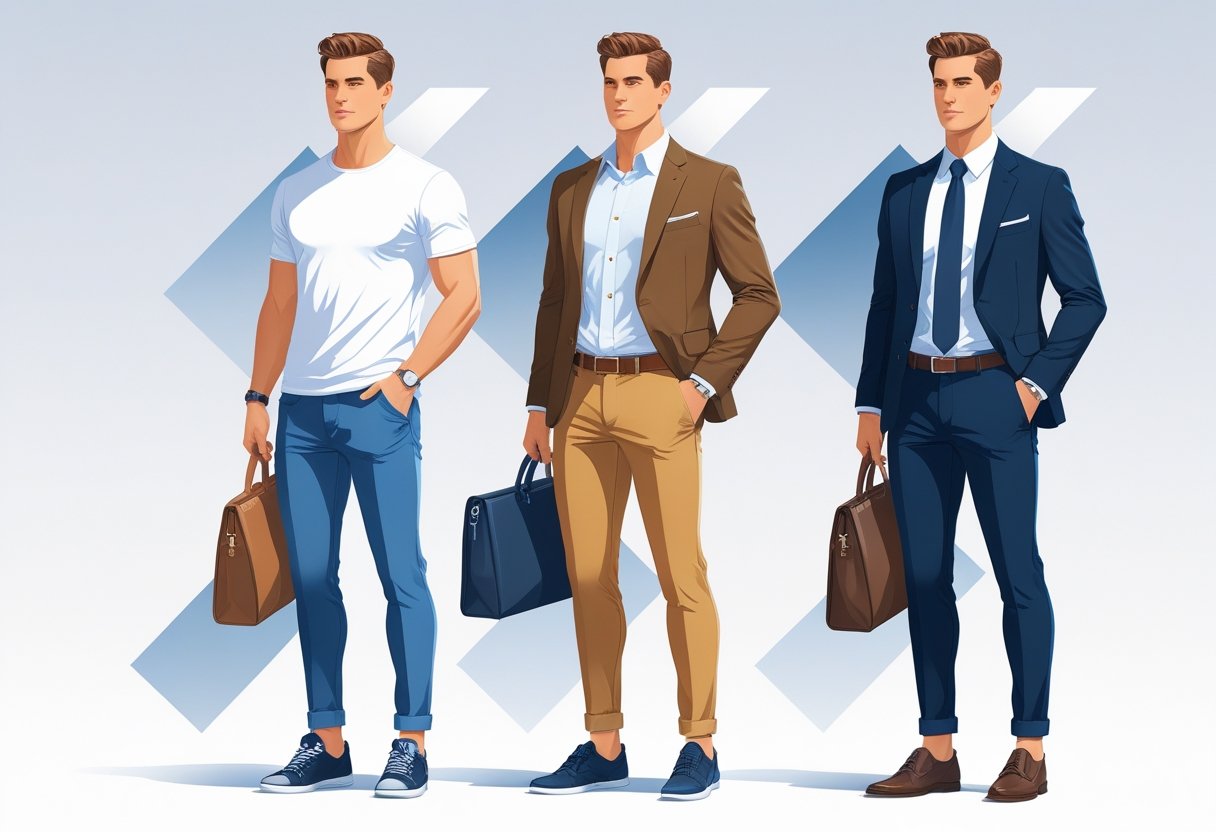 Three men standing side by side wearing casual, smart casual, and formal outfits.
