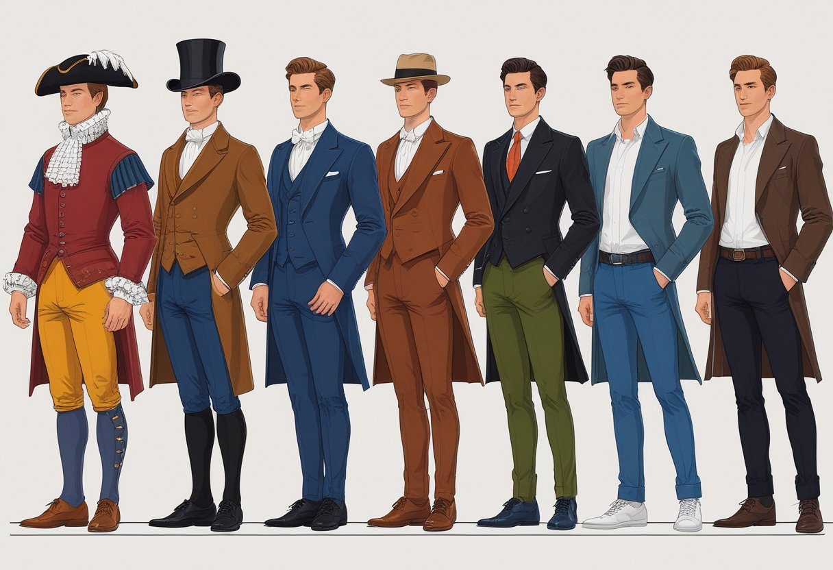 A timeline showing men dressed in different fashion styles from various historical periods, from Renaissance clothing to modern casual wear.