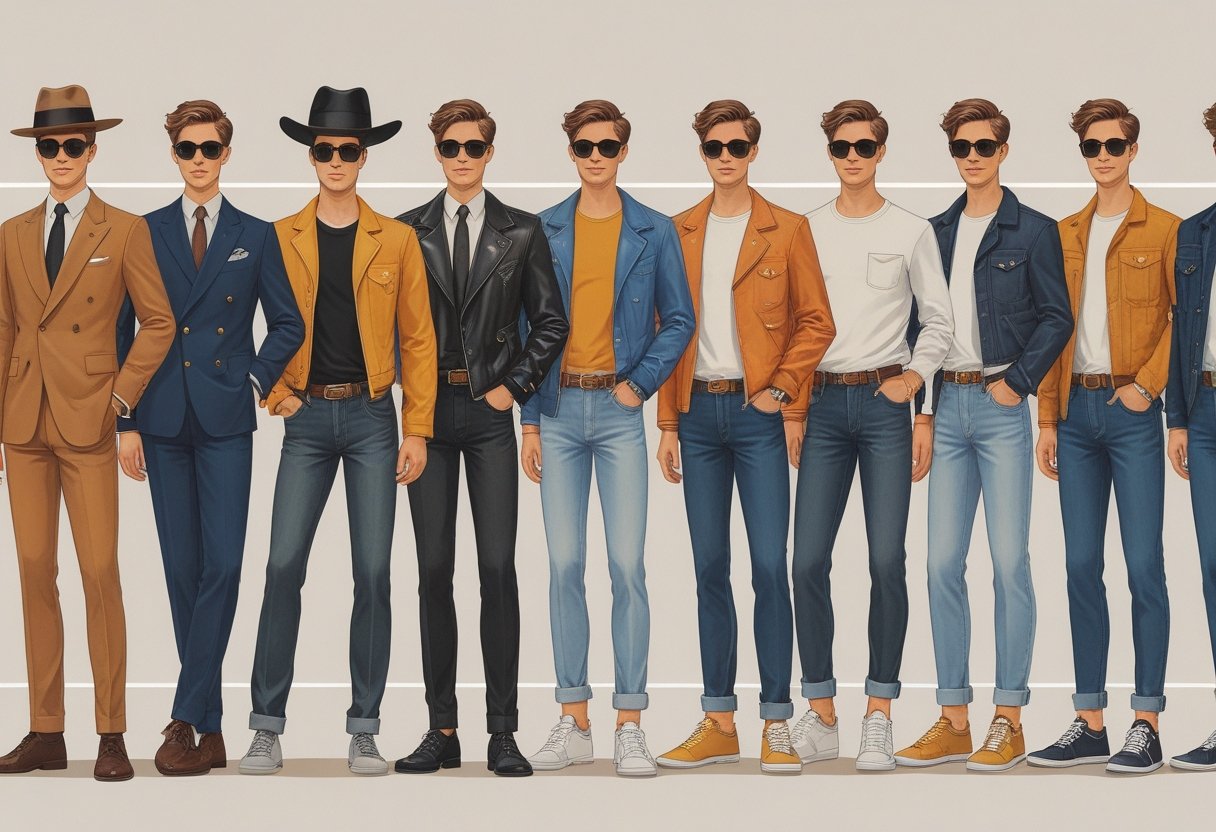 A series of men standing side by side, each wearing clothing styles representative of different decades, showing the progression of men's fashion over time.