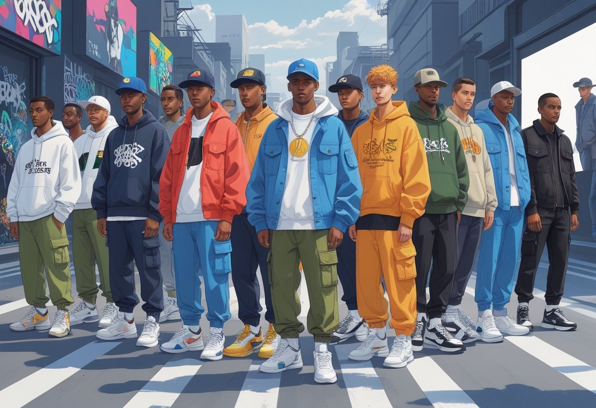 A group of men wearing various styles of streetwear and contemporary fashion standing in an urban environment that transitions from an 1980s cityscape to a modern city.