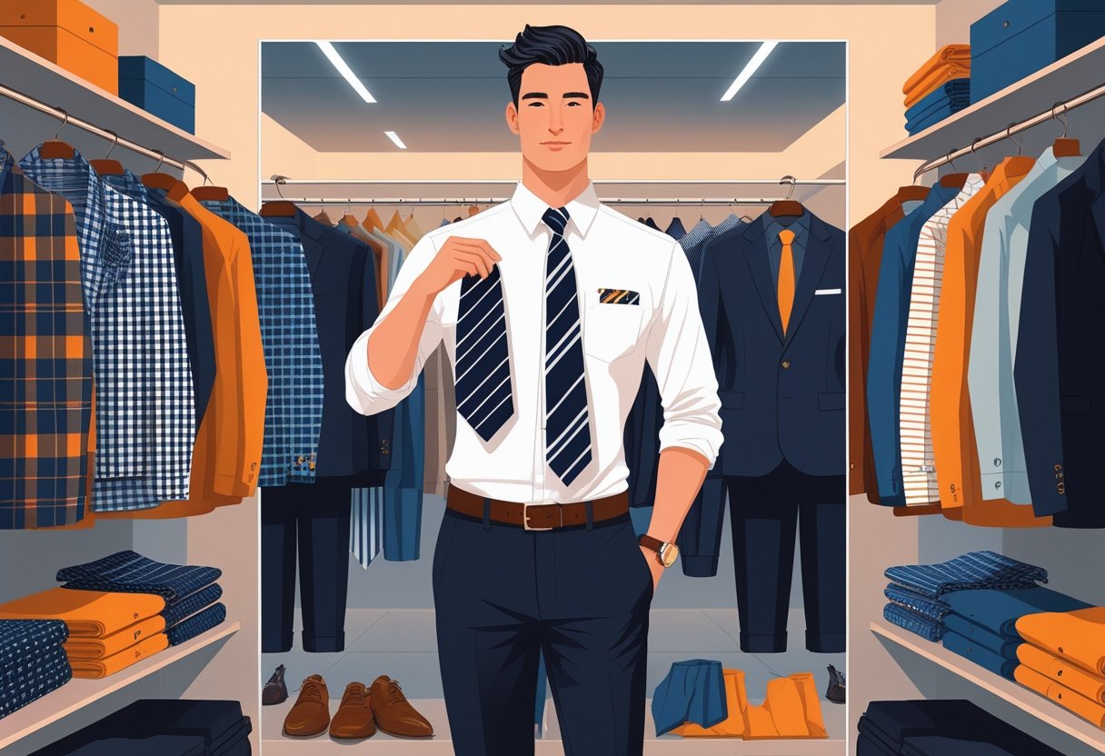 A man in a dressing room thoughtfully matching colors and patterns of clothing items around him.