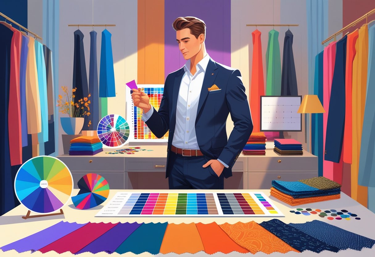 A man standing in a room with fabric samples and color swatches, thoughtfully comparing colors and patterns.