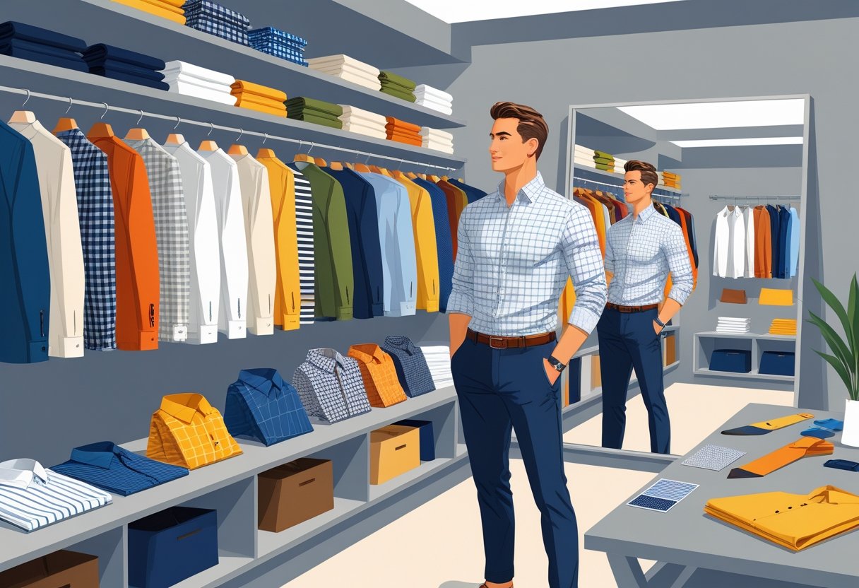 A man choosing clothes from a wardrobe filled with colorful shirts and jackets, standing in front of a mirror in a dressing room.
