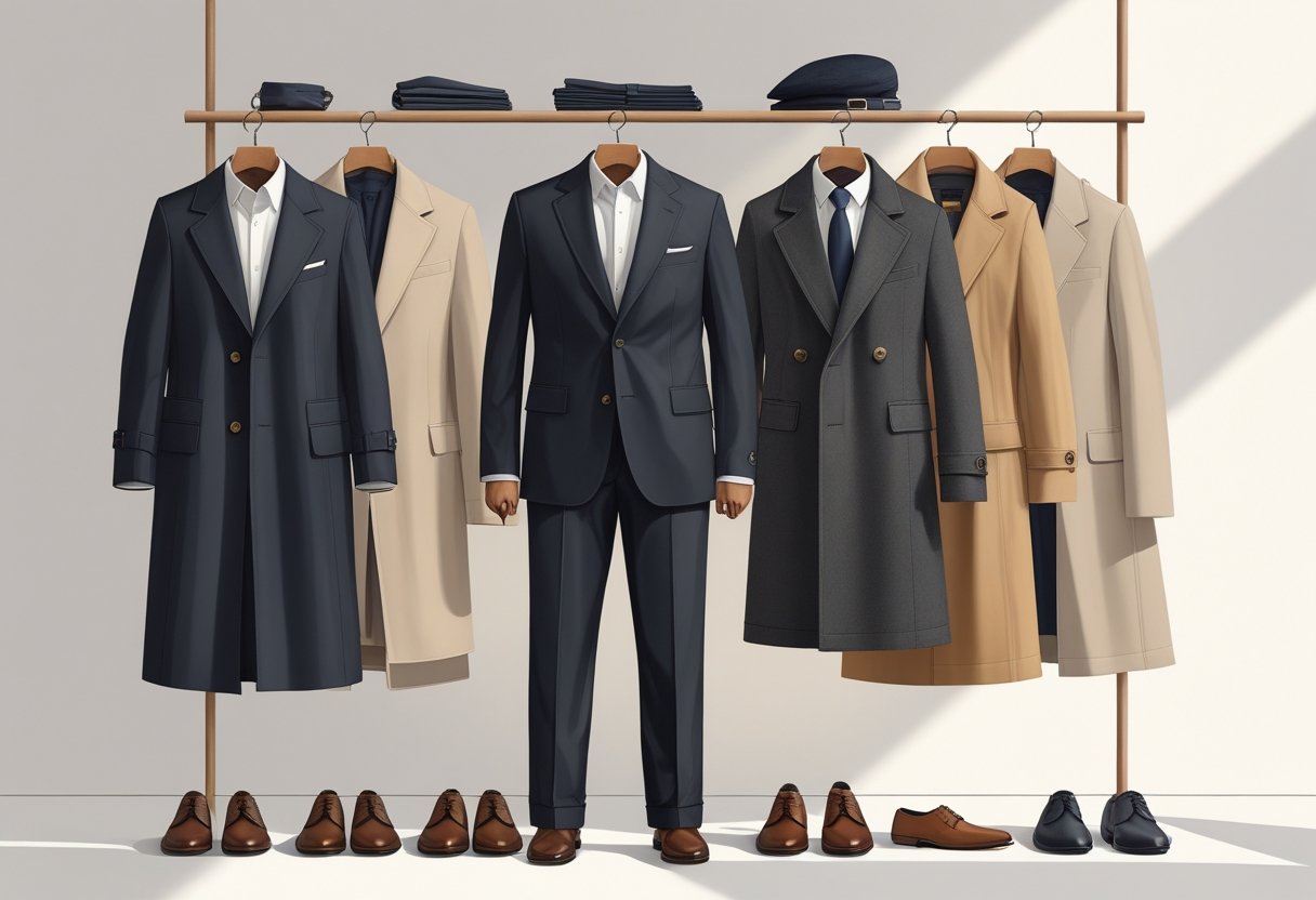 A collection of men's formal clothing including suits, dress shirts, trousers, and outerwear like coats and blazers arranged neatly on hangers.
