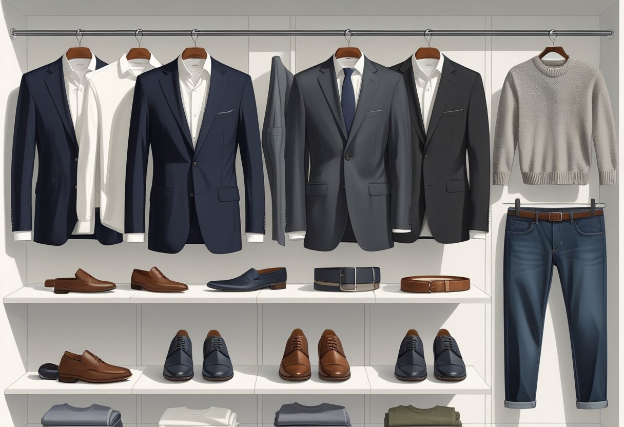 A neatly organized men's wardrobe featuring formal and smart-casual clothing items and accessories arranged on shelves and hangers.