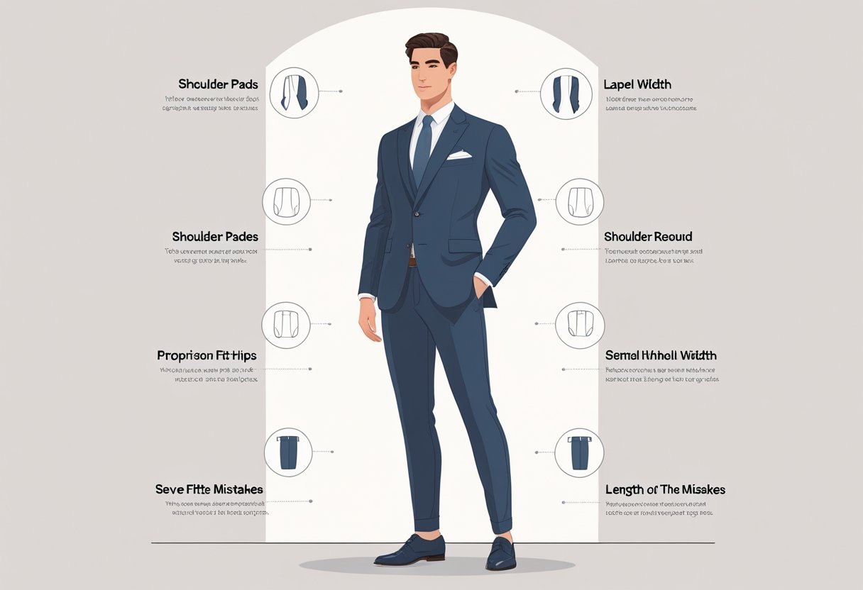 A man wearing a perfectly fitted suit standing confidently, with visual highlights showing trouser fit, shoulder pads, lapel widths, and common suit fitting mistakes.