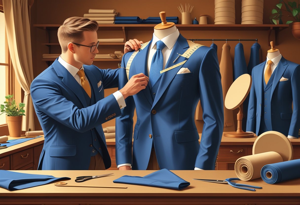 A tailor fitting a man for a suit jacket in a workshop, adjusting the shoulders and lapels with tailoring tools around them.