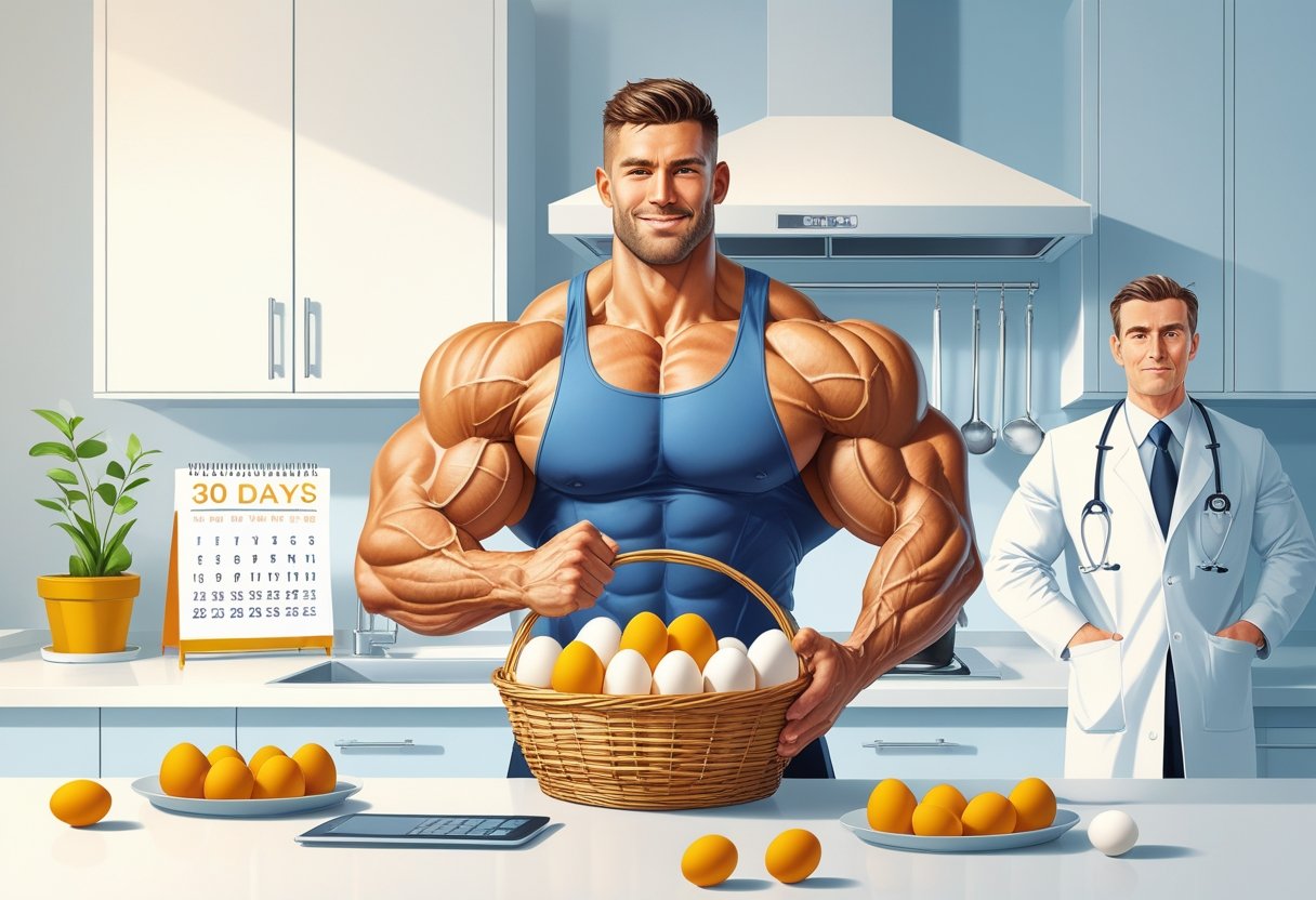 A muscular man holding a basket of eggs in a bright kitchen with a calendar and scale nearby, showing progress over 30 days.