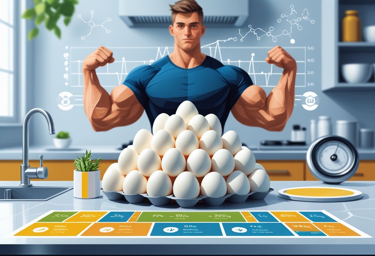 A stack of 36 eggs on a kitchen counter with charts showing nutrients, and a muscular person flexing in the background.