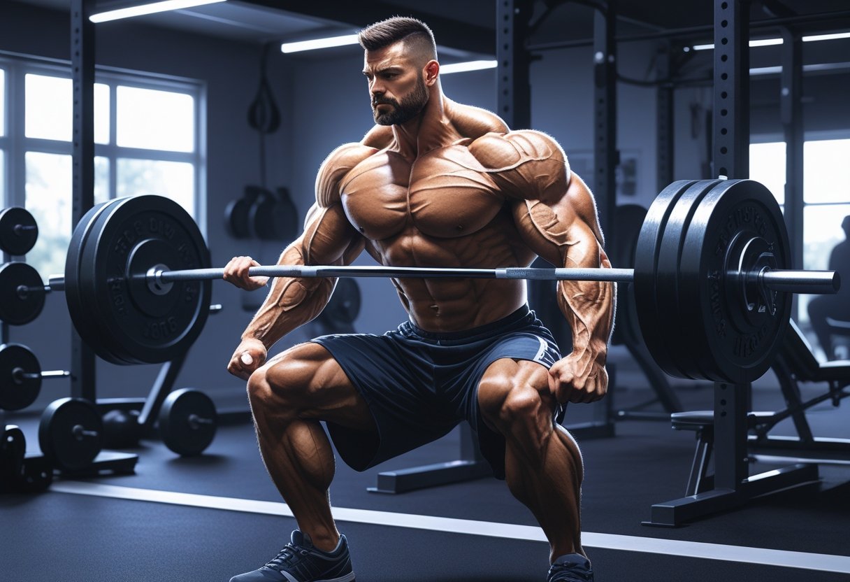 A muscular man lifting a barbell in a gym surrounded by weights and equipment, showing focus and strength during an intense workout.