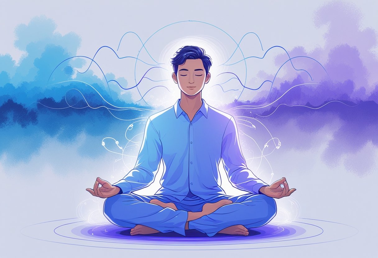 A person meditating with glowing waves around them, transitioning from a stormy background to a calm and bright environment.