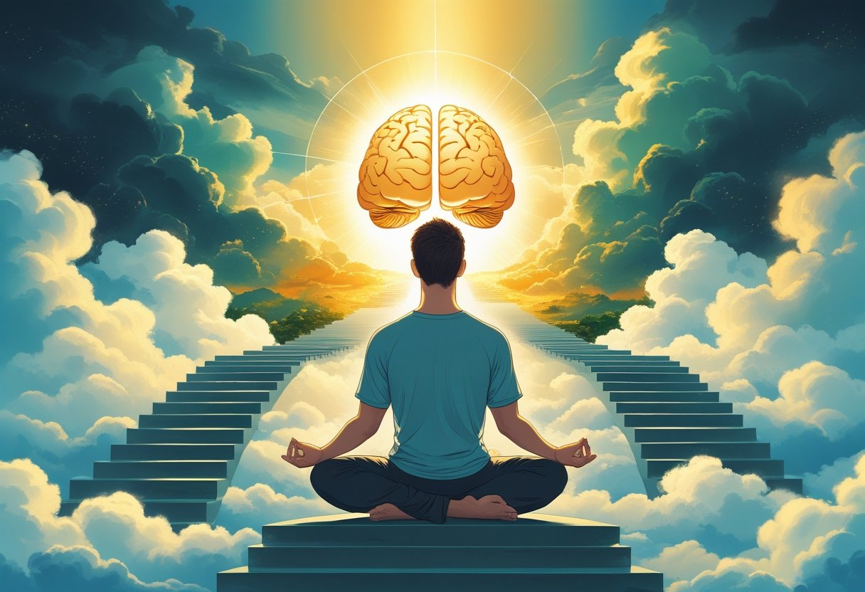 A person meditating peacefully with glowing light around their head, ascending steps leading to a bright horizon, and dark clouds fading into sunlight, symbolizing personal growth and mental transformation.