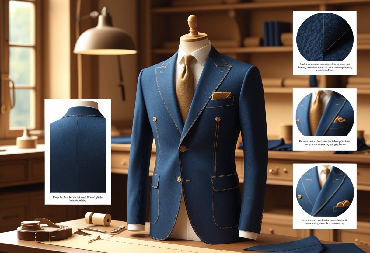 A luxurious men's bespoke jacket displayed on a tailor's mannequin with close-up views of hand stitching, fabric texture, and tailoring details in a tailor's workshop.