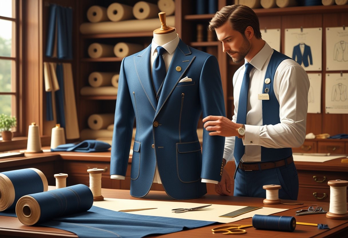 A tailor's workshop with a wooden mannequin displaying a finely crafted jacket, a tailor inspecting it carefully, surrounded by tailoring tools and fabric bolts.