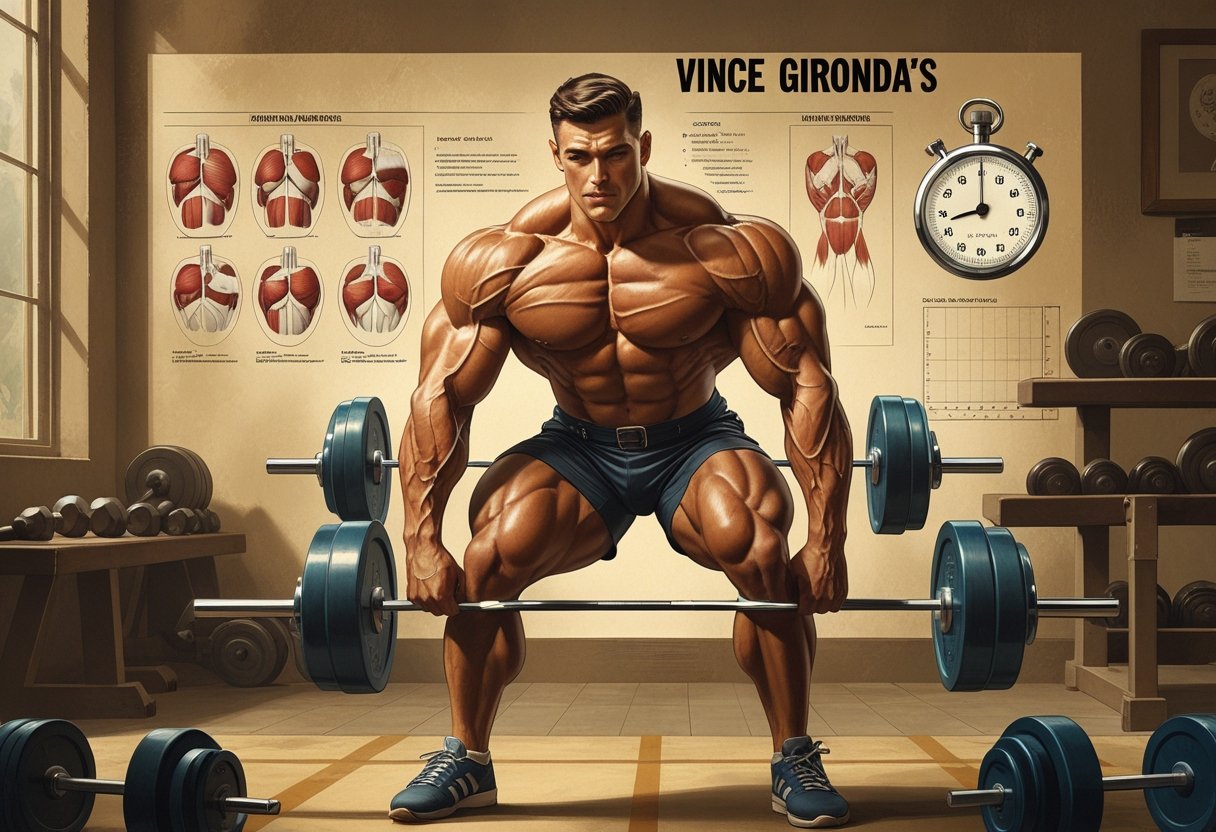 A muscular man in a vintage gym performing a bodybuilding workout surrounded by classic gym equipment and anatomical muscle diagrams.
