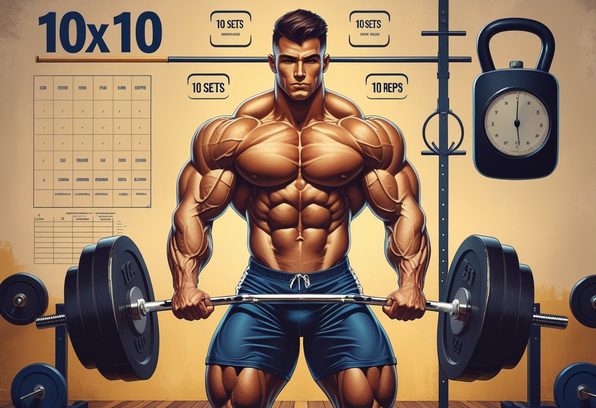 A muscular man performing a dumbbell curl in a vintage gym surrounded by old-fashioned gym equipment and workout diagrams.