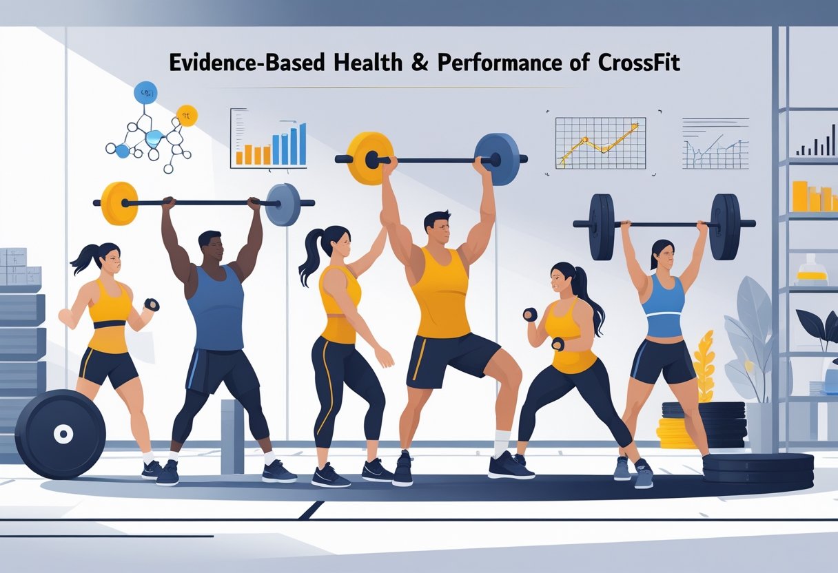 A group of diverse people performing different CrossFit exercises in a modern gym with visual elements representing scientific data floating around them.