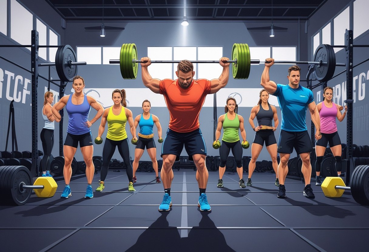 A group of athletes performing various CrossFit exercises in a gym, including weightlifting, kettlebell swings, box jumps, rope climbs, and rowing.