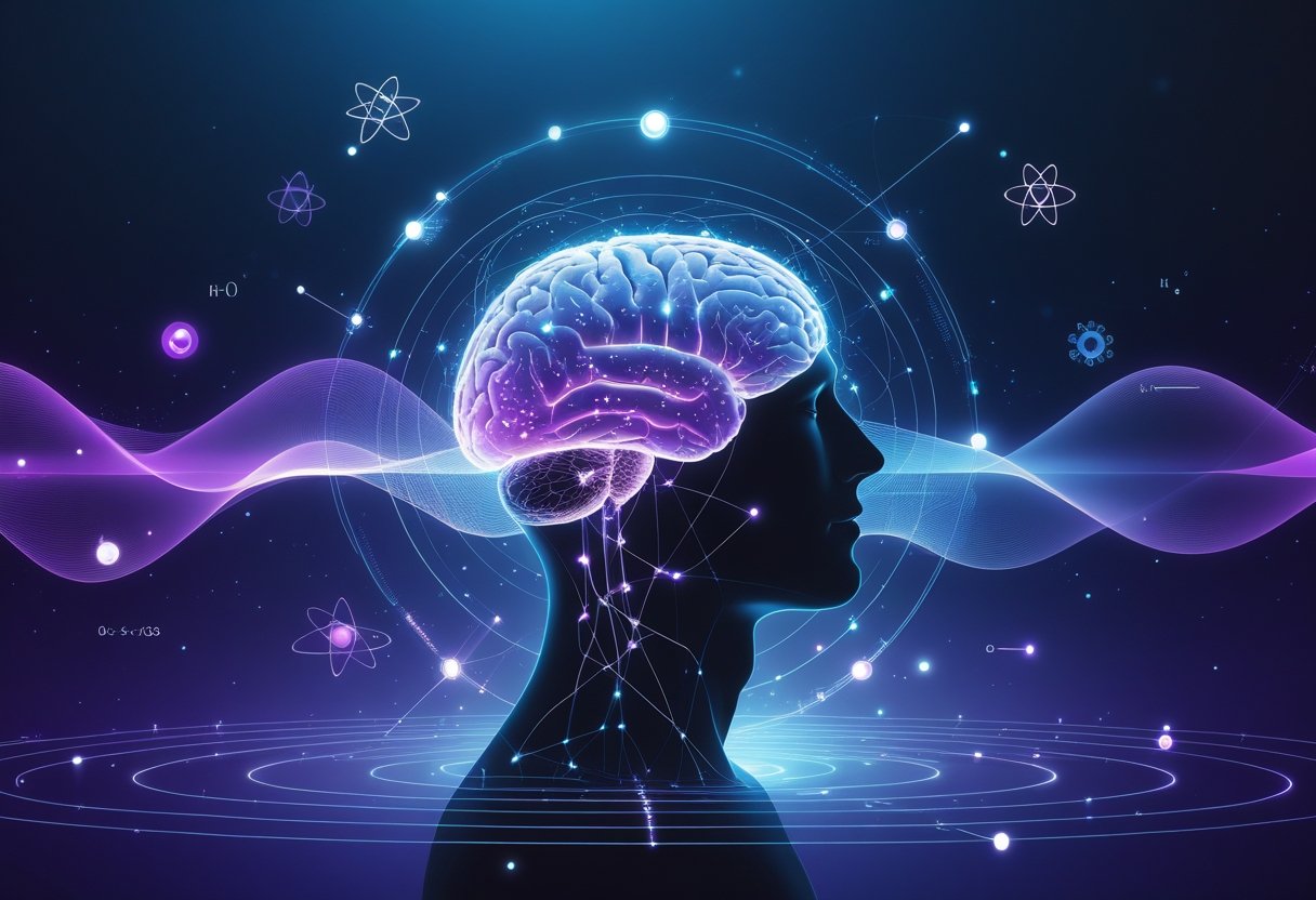 A human silhouette with a glowing brain made of interconnected networks and particles, surrounded by abstract waves and scientific symbols in a dark space.