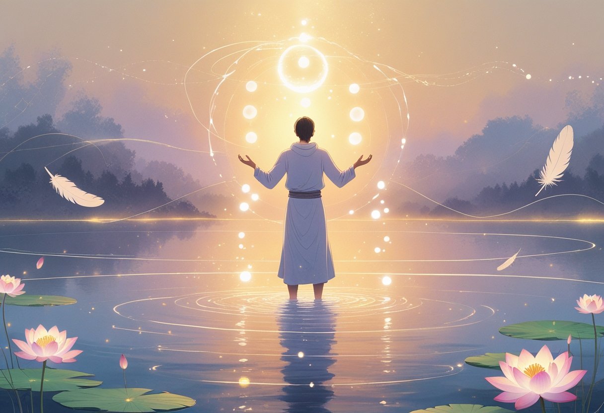 A person standing by a calm lake at sunrise releasing glowing orbs into the sky, surrounded by soft light and natural elements symbolizing growth and transformation.