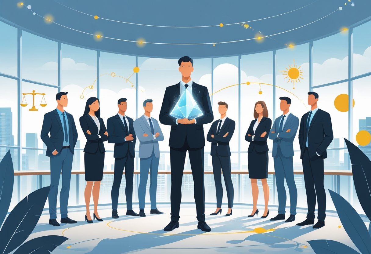 A group of diverse business leaders standing together in a bright office with a city view, one holding a glowing geometric shape symbolizing clarity and insight, surrounded by abstract light elements representing ideas and growth.