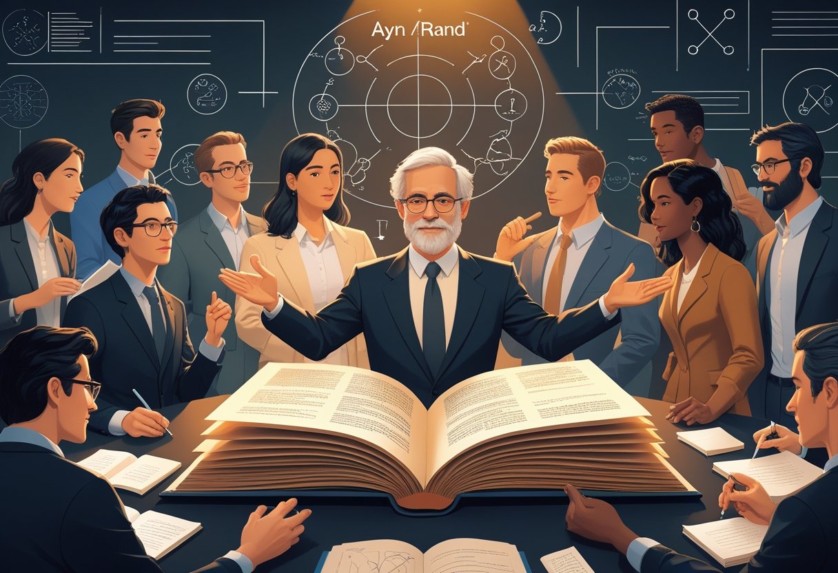 A group of diverse scholars engaged in thoughtful discussion around an open book in an academic setting, with abstract symbols on a board behind them.