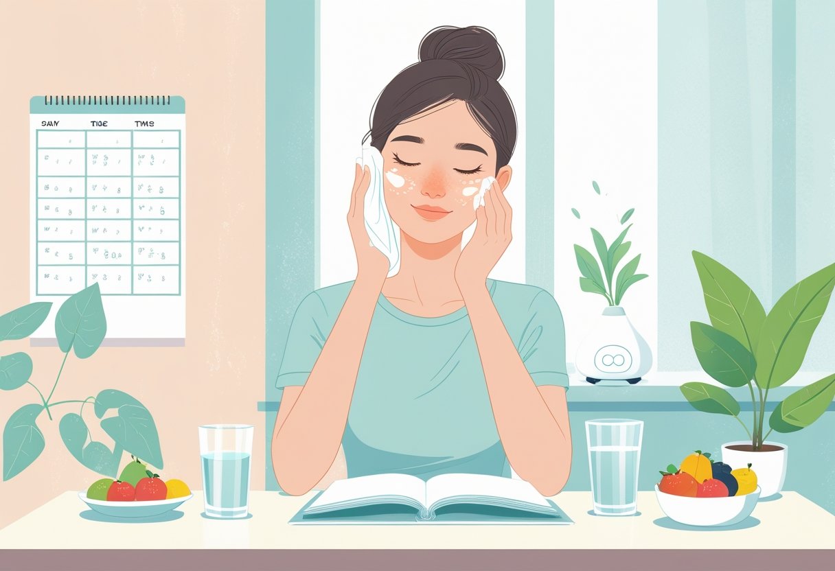 A young woman with clear skin practicing skincare at a tidy desk with water, fruit, and a plant, surrounded by calming elements that suggest stress relief and healthy habits.