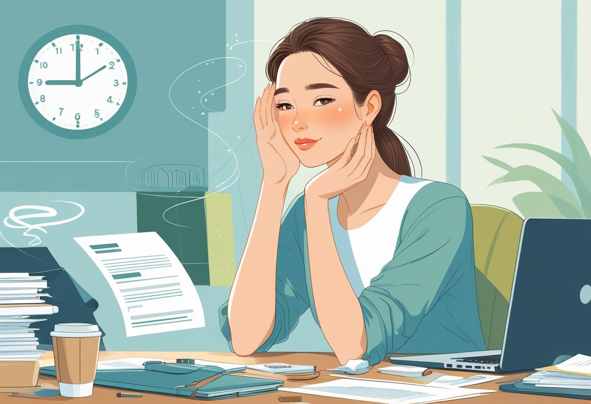A young woman with clear skin sitting at a cluttered desk, gently touching her face with a calm expression, surrounded by work items indicating a busy and stressful environment.