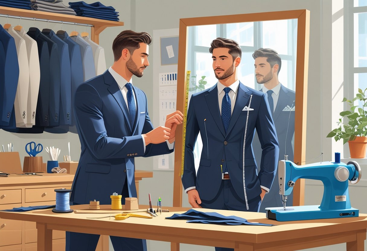 A tailor measuring and pinning a man’s off-the-rack suit jacket in a tailor shop with tools and suits around them.