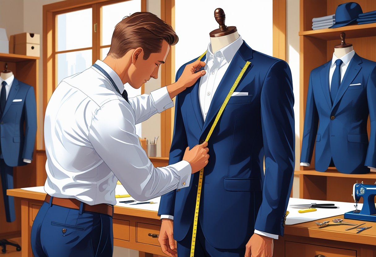A tailor measuring a client’s suit sleeve in a tailor shop with tools and mannequins in the background.