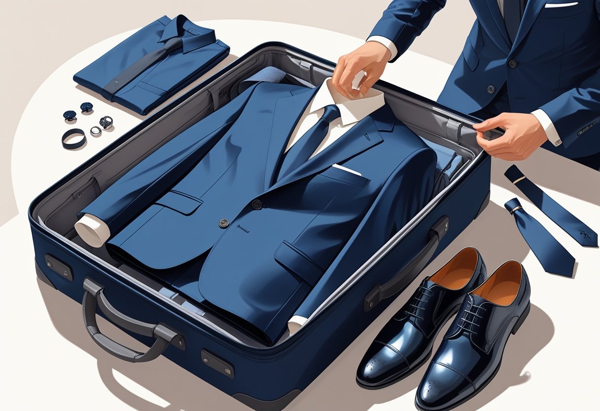 An open carry-on suitcase with a neatly folded suit, dress shirt, tie, belt, cufflinks, and dress shoes arranged inside to prevent wrinkles.