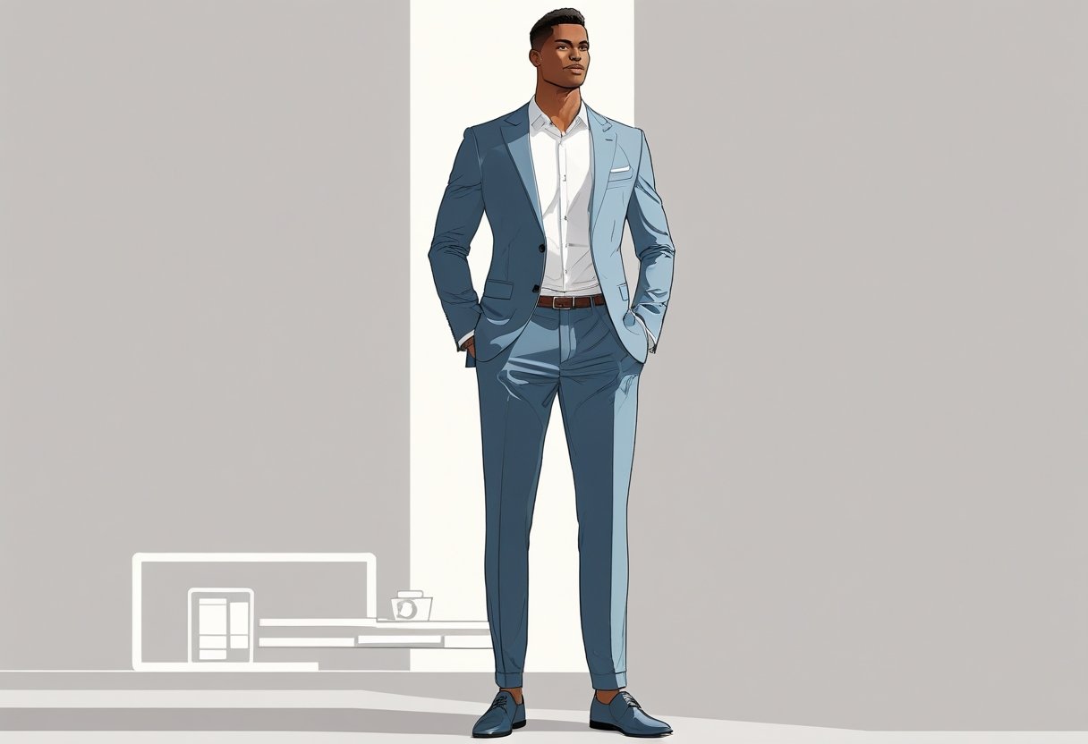 A tall man wearing a well-fitted suit standing confidently with a clean background suggesting online shopping.