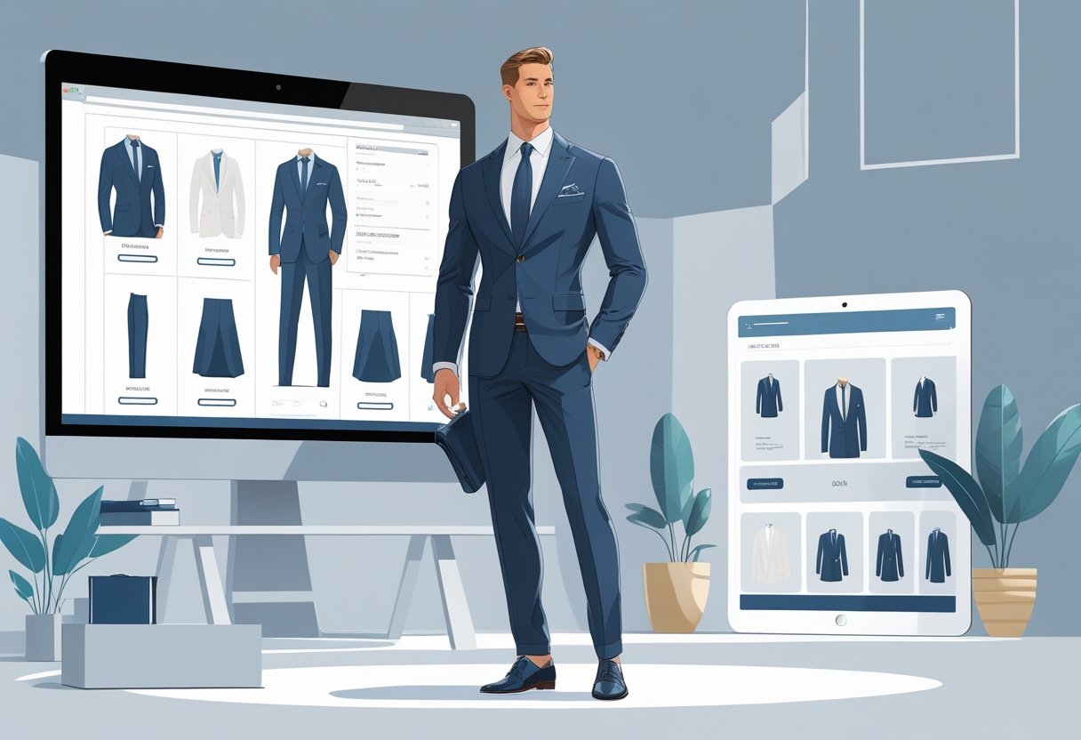 A tall man wearing a well-fitted suit stands confidently in a modern online shopping environment with digital screens and shopping icons around him.