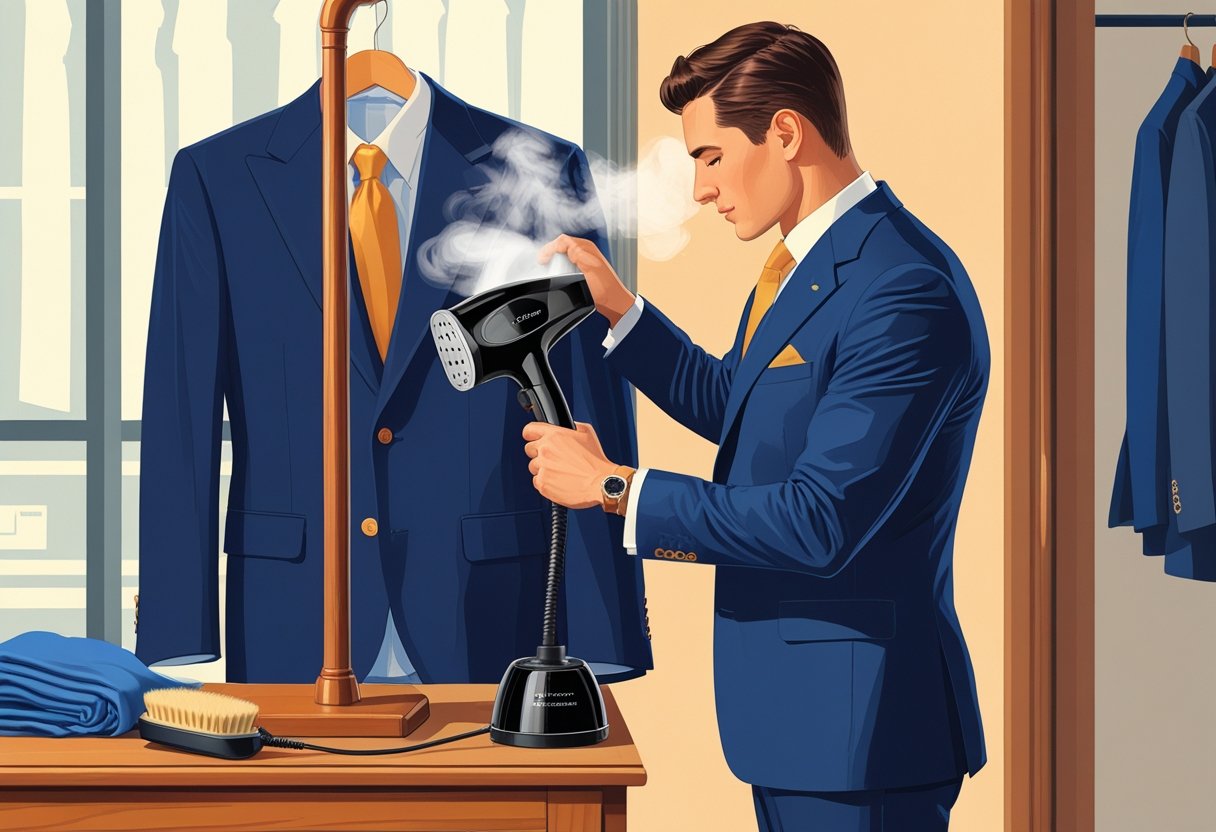 A man in a wool suit steaming his jacket next to a valet stand with a clothes brush, and a dry cleaning shop visible in the background.