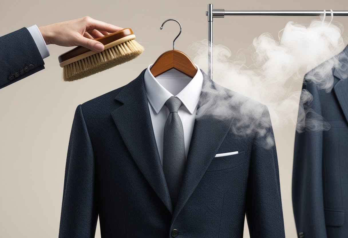 A wool suit hanging on a hanger with a hand brushing it, steam rising from an iron nearby, and a garment bag in the background representing dry cleaning.