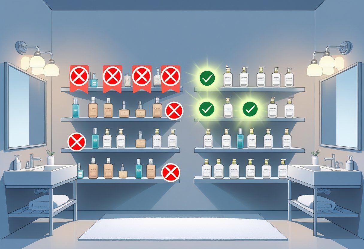 Two bathroom shelves side by side showing mismatched and matching cologne and body wash bottles with warning and approval symbols indicating layering mistakes and correct fragrance combinations.