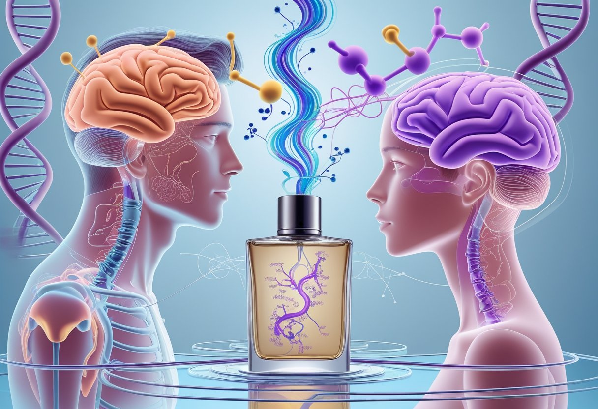 Illustration showing human figures with highlighted olfactory and brain areas connected to a cologne bottle emitting scent molecules, representing the biological reasons certain colognes increase attractiveness.