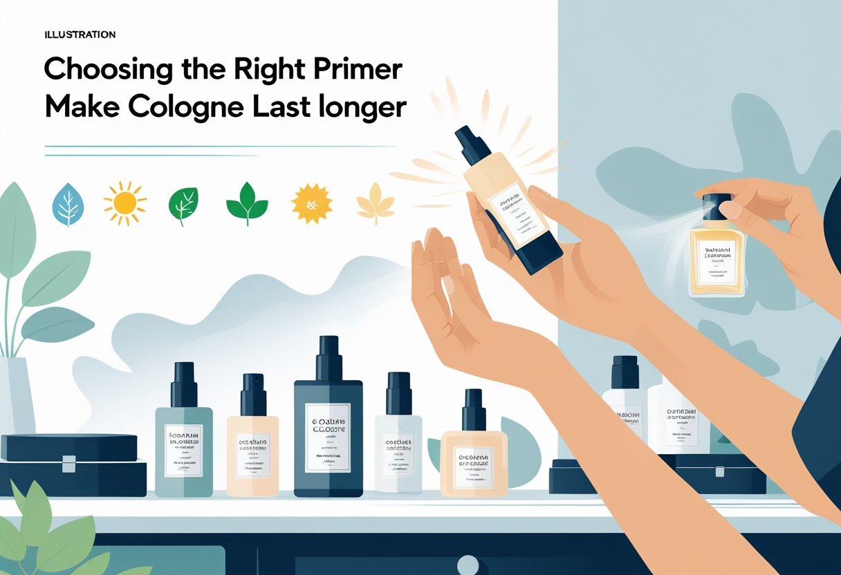 A person applies primer on their wrist next to bottles of primer and cologne on a vanity table with small icons representing different seasons in the background.
