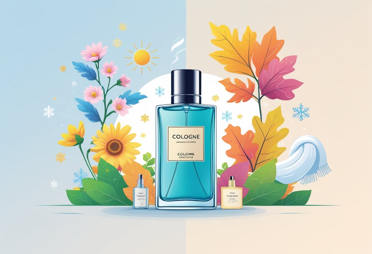 A cologne bottle surrounded by seasonal elements: flowers and sunshine, autumn leaves, snowflakes, and a scarf, with small icons showing cologne application on wrists and neck.