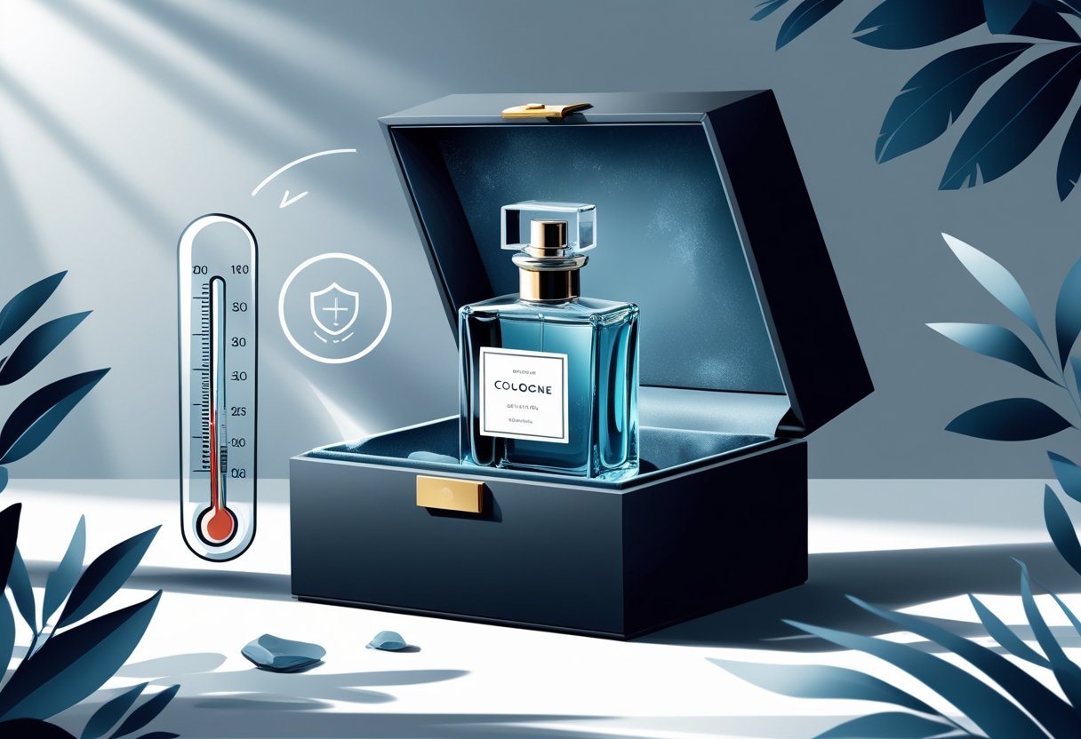A cologne bottle stored inside a dark protective box with a thermometer nearby, symbolizing protection from heat and light.