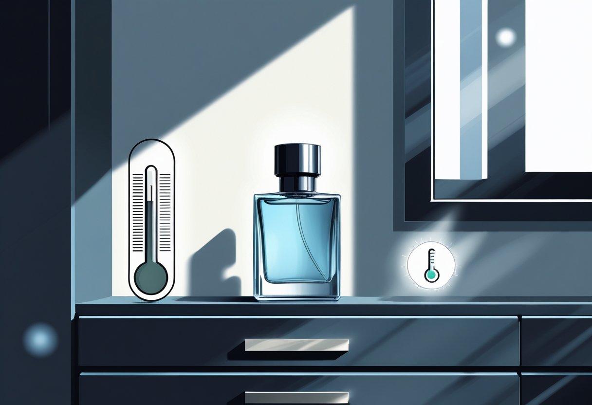 A cologne bottle stored inside a dark cabinet with a thermometer showing cool temperature and a closed window blocking sunlight.