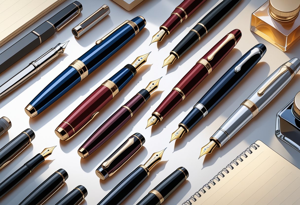 A collection of ten fountain pens arranged on a wooden surface with ink bottles and a notebook nearby.