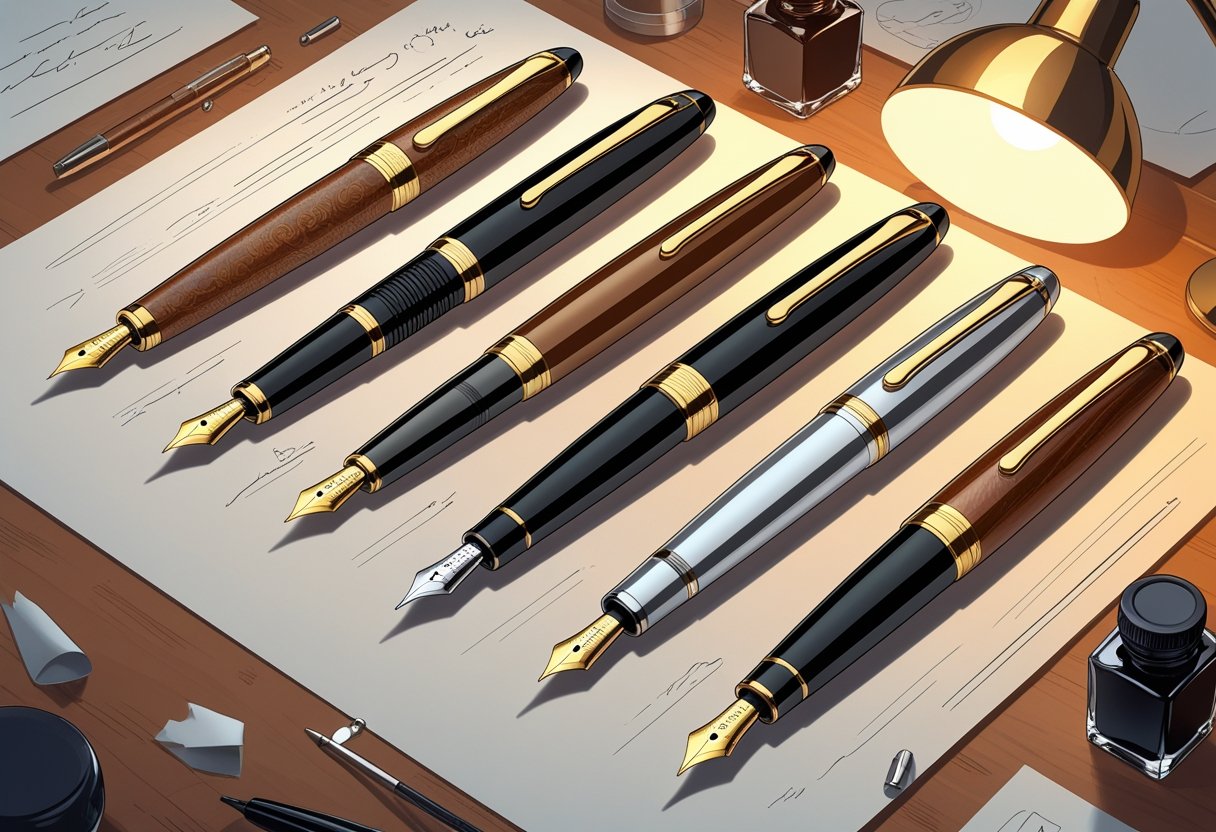 A collection of ten fountain pens arranged on a wooden desk with writing papers, an ink bottle, and a desk lamp nearby.