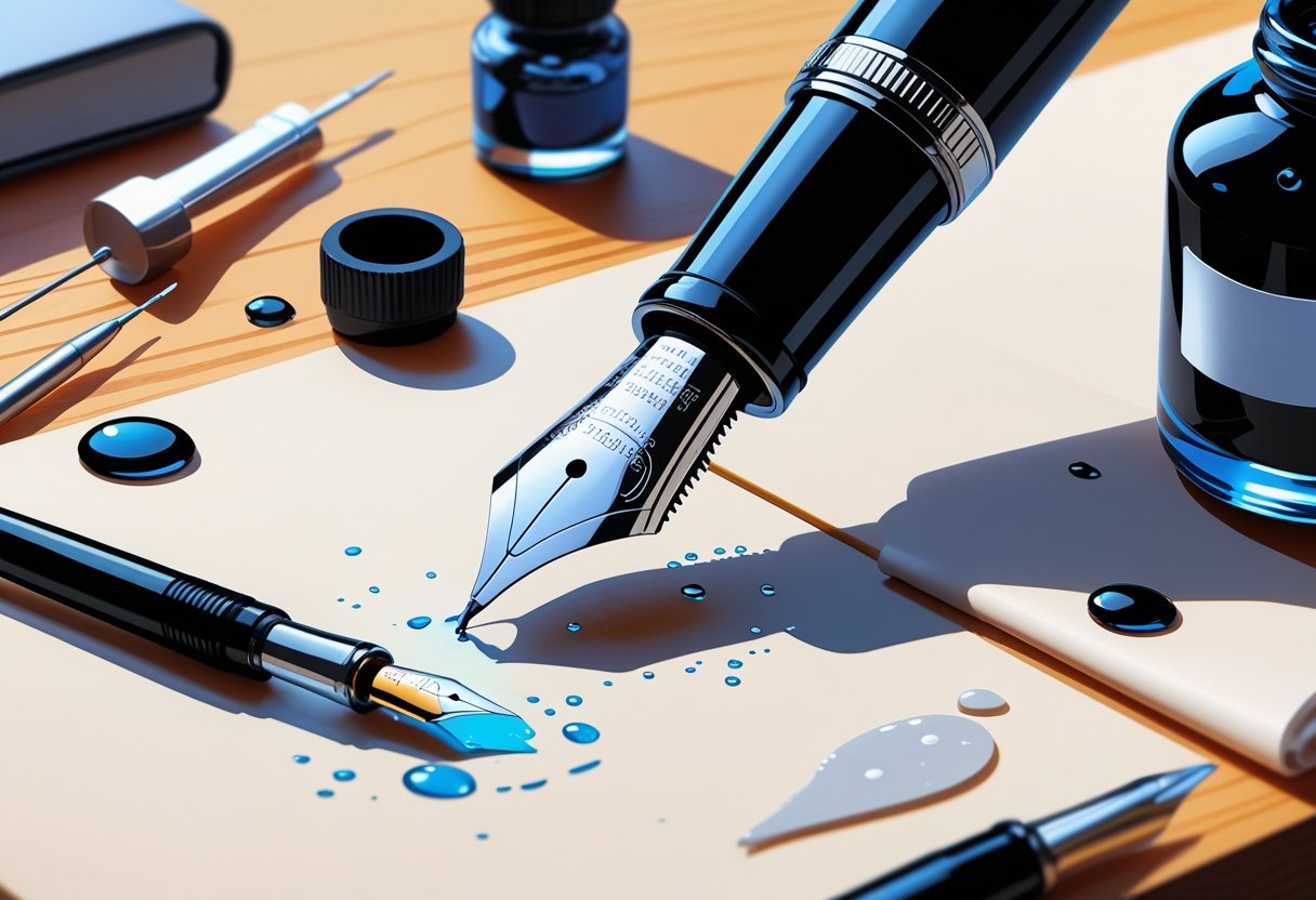 A close-up of a fountain pen being cleaned and repaired on a desk with tools like a brush, syringe, cloth, and ink bottle nearby.