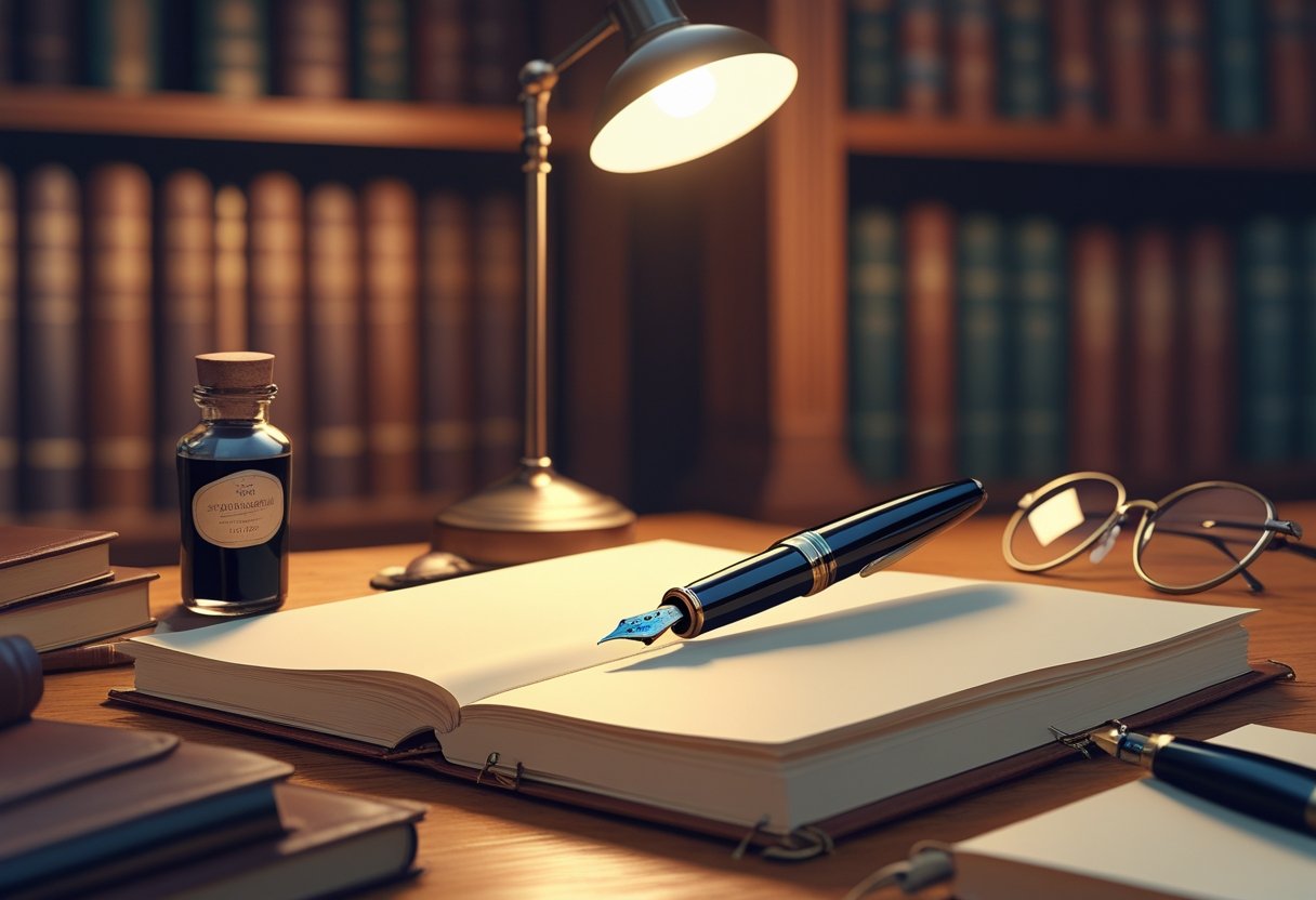 A fountain pen resting on an open notebook on a wooden desk, surrounded by an ink bottle, reading glasses, and a softly lit lamp with books in the background.